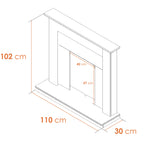 Adam Sutton fireplace suite outline drawing with main sizes in centimetres