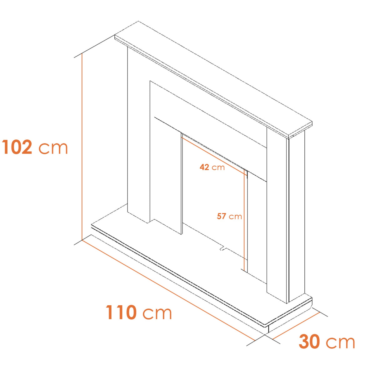 Adam Sutton fireplace suite outline drawing with main sizes in centimetres