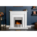 Adam Sutton pure white fireplace suite with Colorado fire in a living room