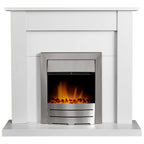 Adam Sutton fireplace suite in pure white with Colorado electric fire in brushed steel