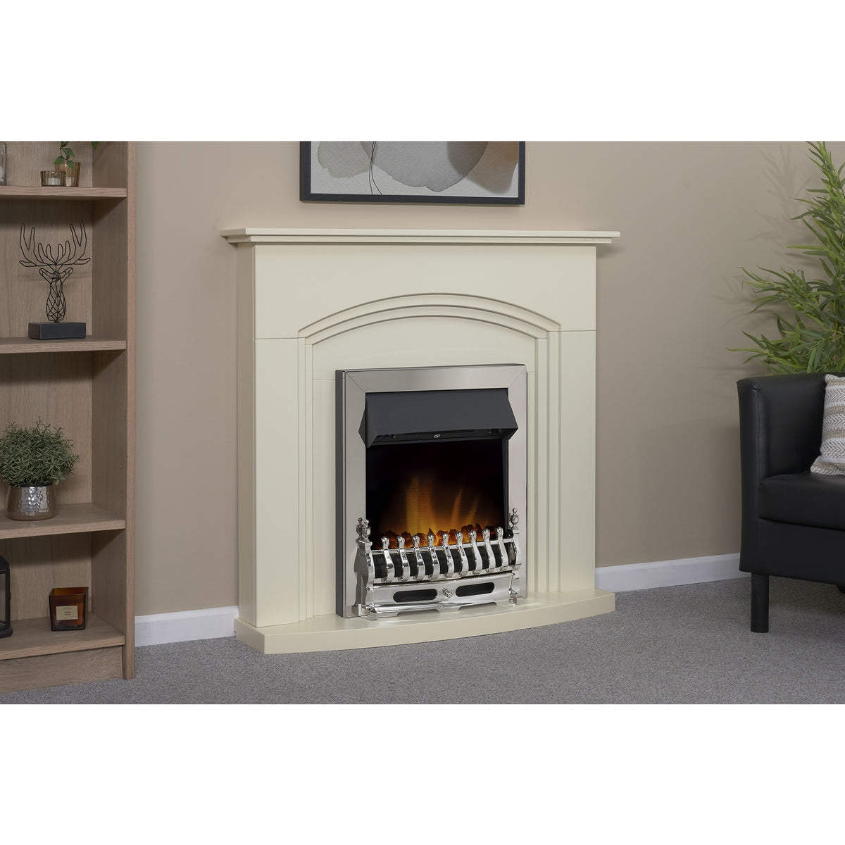 Adam Truro cream fireplace suite with chrome effect fire in a living room, closer view