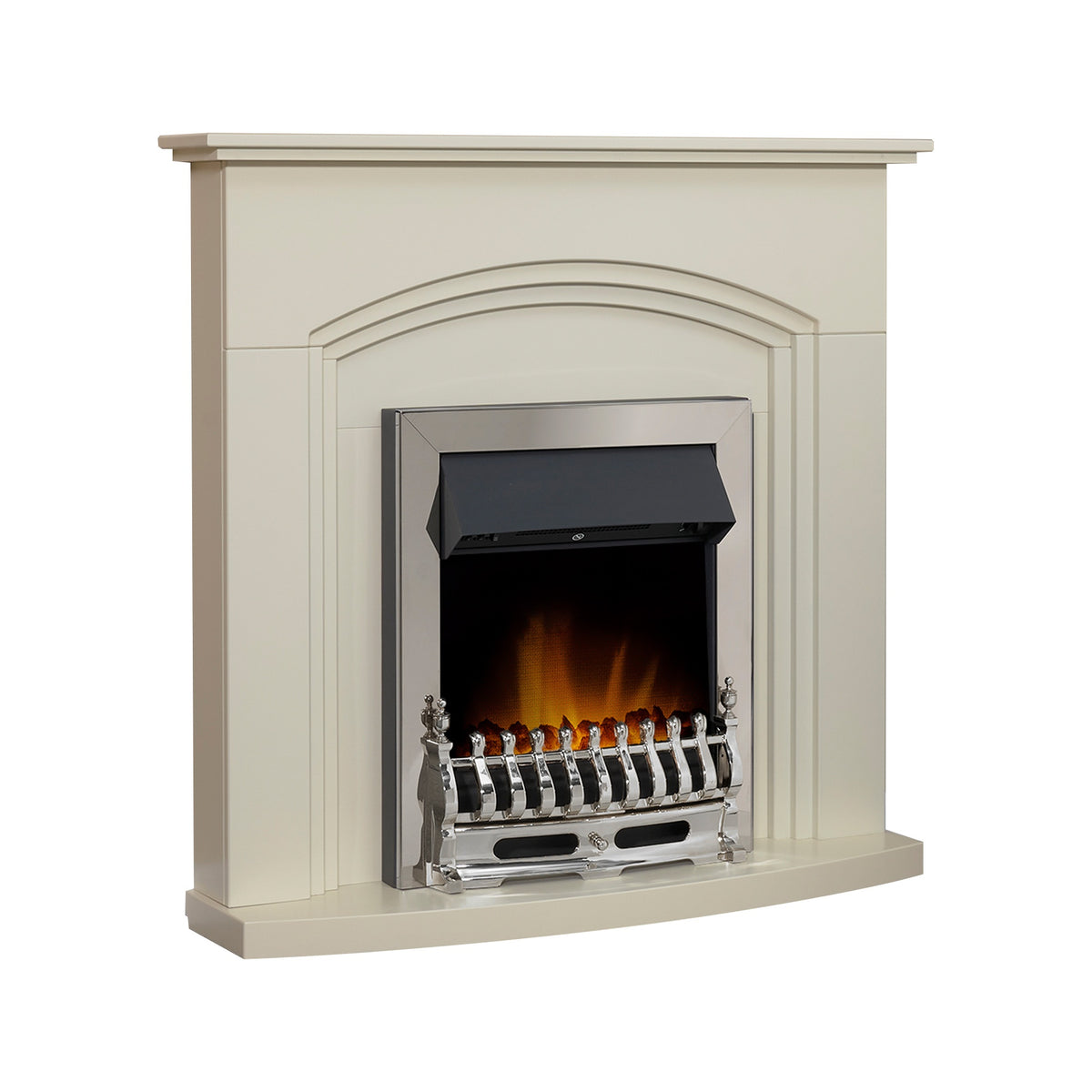 Adam Truro cream fireplace suite with chrome effect Blenheim fire, angled view