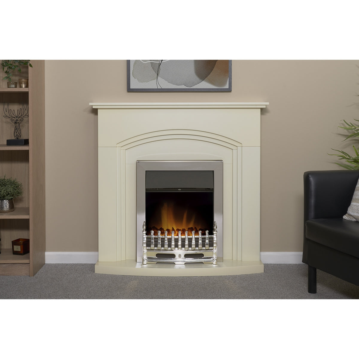 Adam Truro cream fireplace suite with chrome effect Blenheim fire in a living room