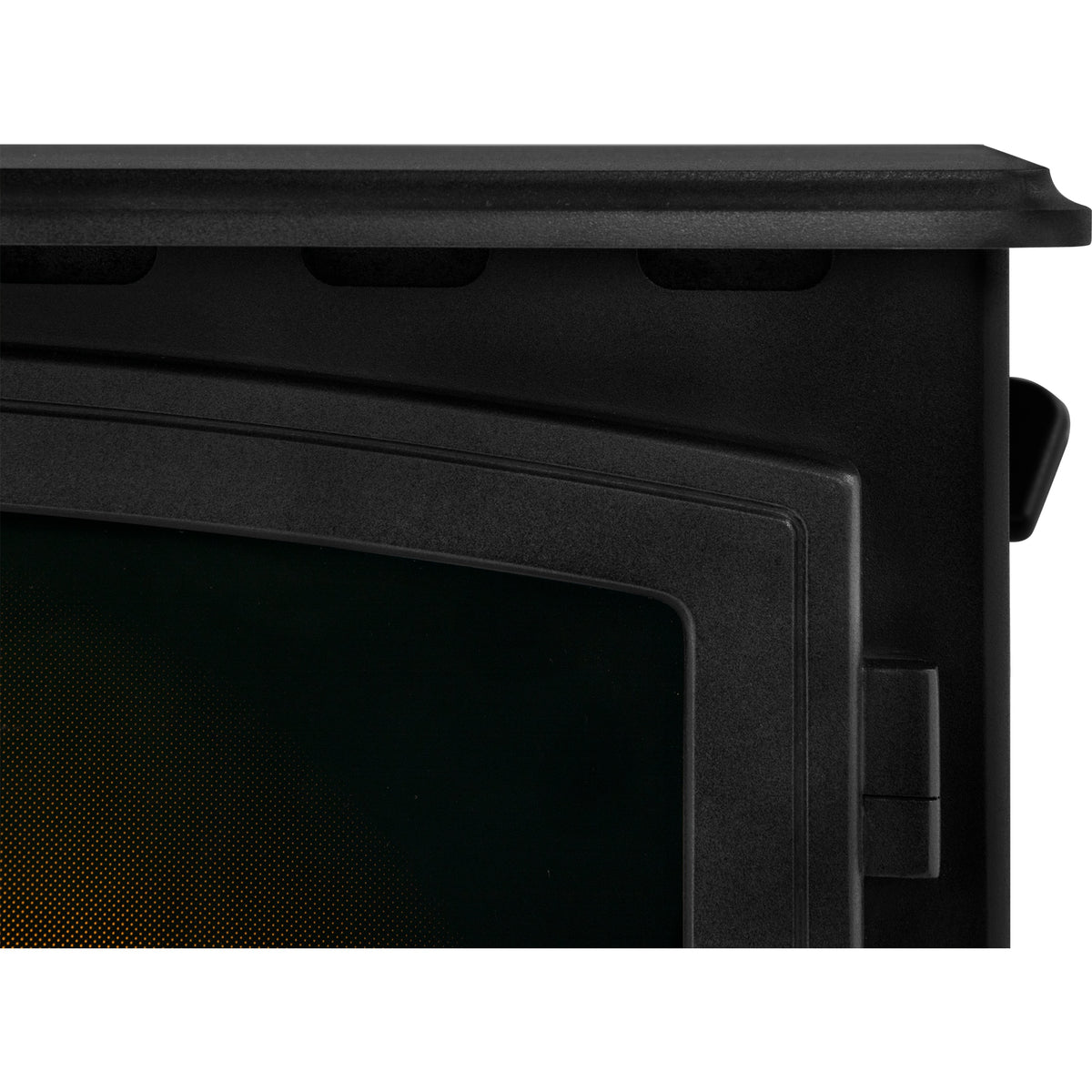 Adam Woodhouse electric stove in black, top and door frame close up