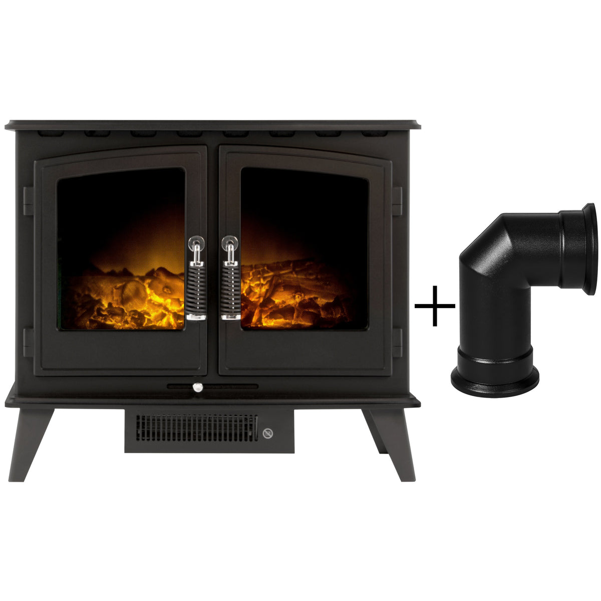 Adam Woodhouse electric stove in black with the angled stove pipe shown beside it