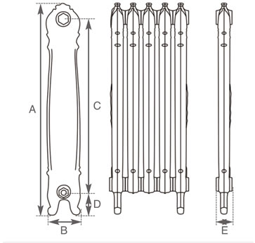 Carron Antoinette cast iron radiator section drawing showing dimensions A to E
