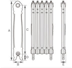 Carron Antoinette cast iron radiator section drawing showing dimensions A to E
