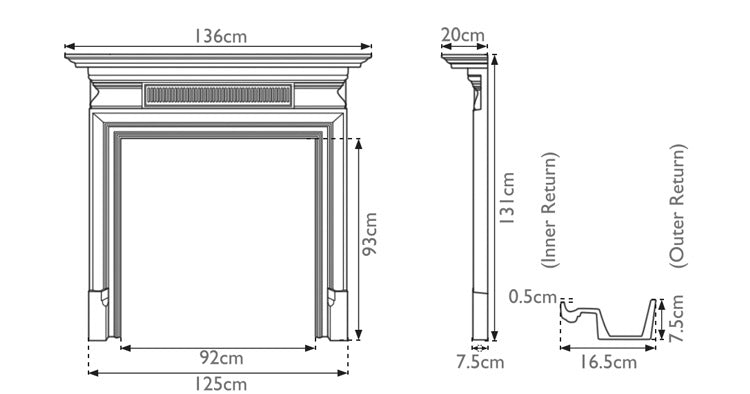 Carron Belgrave cast iron fire surround dimension drawing