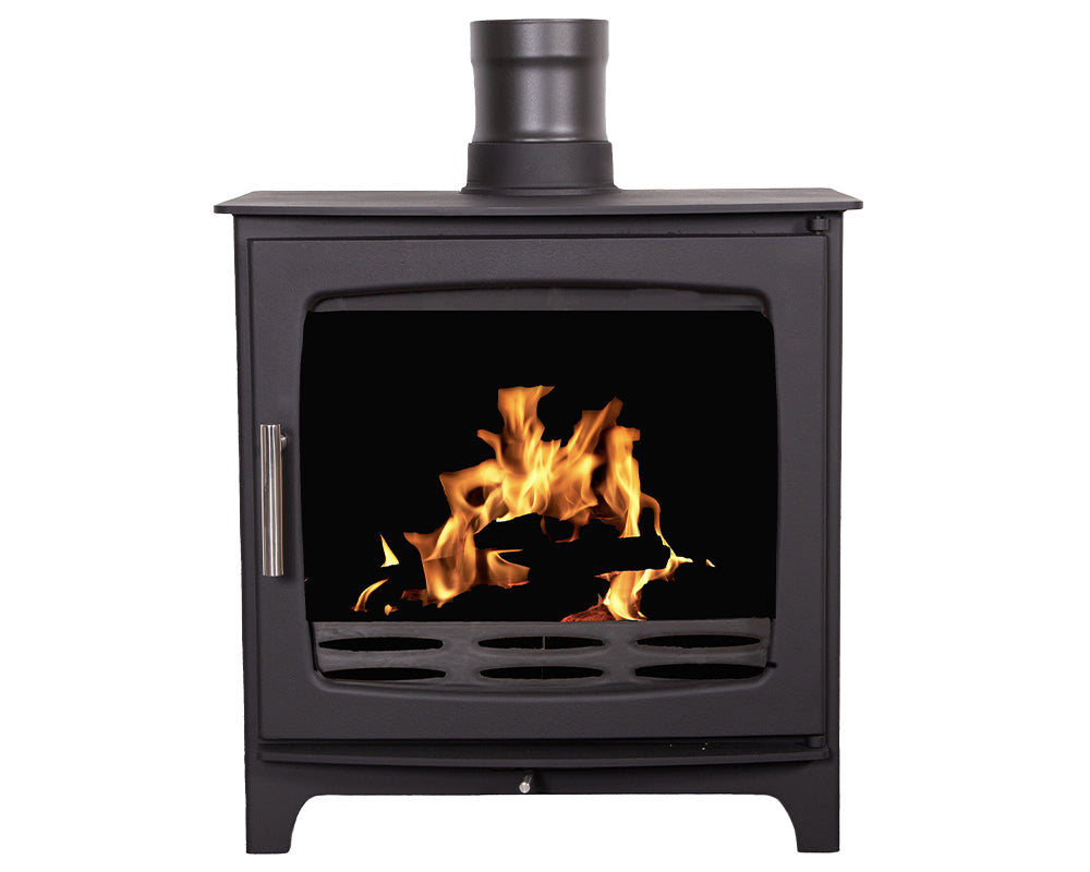 Front view of the Carron ECO Revolution 8kW stove with the fire lit