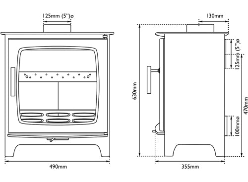 Carron ECO Revolution 5kW stove technical drawing with dimensions