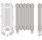 Carron Churchill cast iron radiator section drawing showing dimensions A to E
