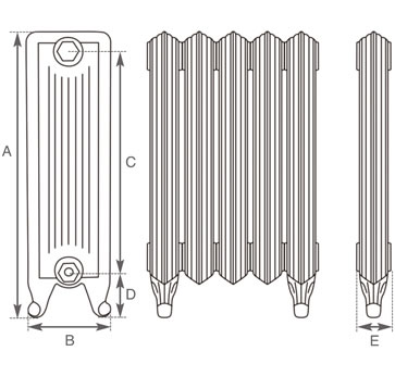 Carron Churchill cast iron radiator section drawing showing dimensions A to E
