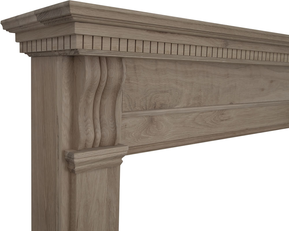 Carron Corbel wooden fire surround in unwaxed solid oak, shelf detail