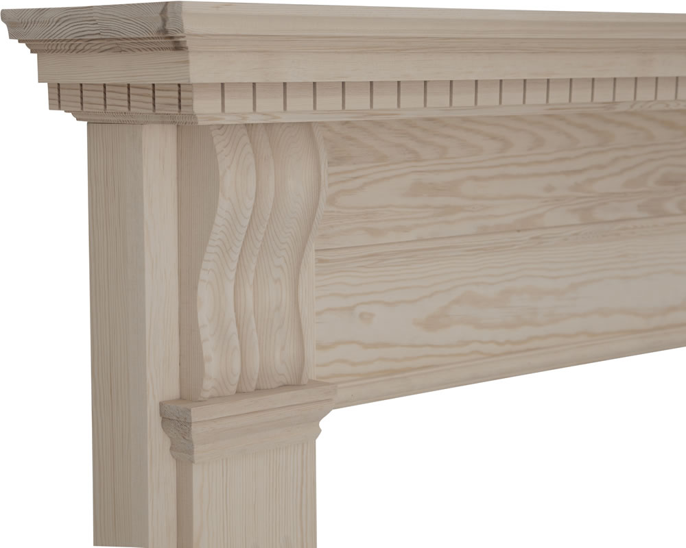 Carron Corbel wooden fire surround in unwaxed solid pine, shelf detail