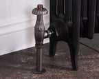Carron Crocus thermostatic valve in pewter installed on a radiator