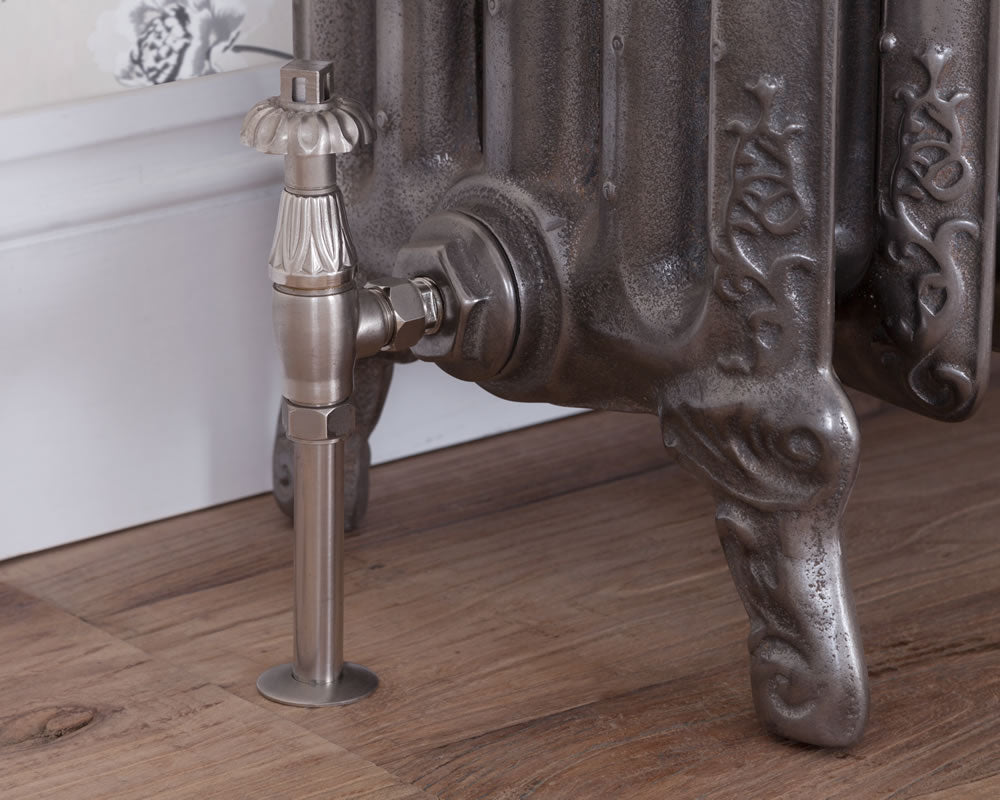 Carron Crocus thermostatic valve in satin nickel installed on a radiator