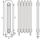 Carron Daisy cast iron radiator section drawing showing dimensions A to E