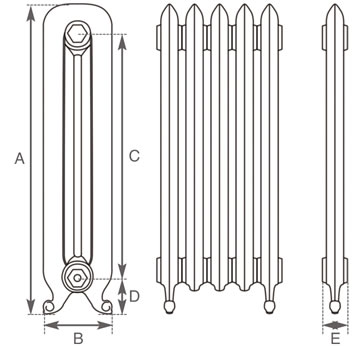 Carron Daisy cast iron radiator section drawing showing dimensions A to E