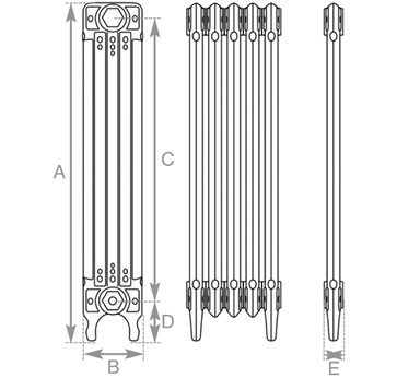 Carron Deco cast iron radiator section drawing showing dimensions A to E