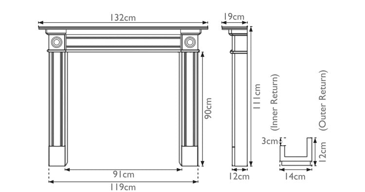 Carron Derry wooden fire surround dimension drawing