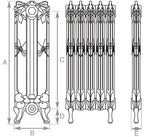 Carron Dragonfly cast iron radiator section drawing showing dimensions A to E