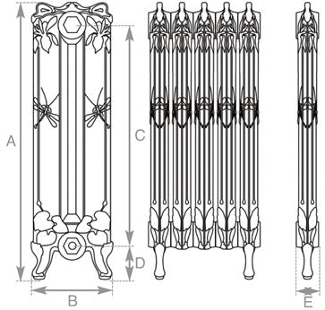Carron Dragonfly cast iron radiator section drawing showing dimensions A to E