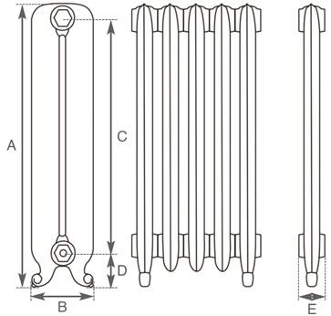 Carron Duchess 2 Column cast iron radiator section drawing showing dimensions A to E
