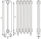 Carron Duchess 2 Column cast iron radiator section drawing showing dimensions A to E