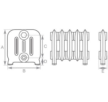 Carron Duchess 4 Column Low Level cast iron radiator section drawing showing dimensions A to E
