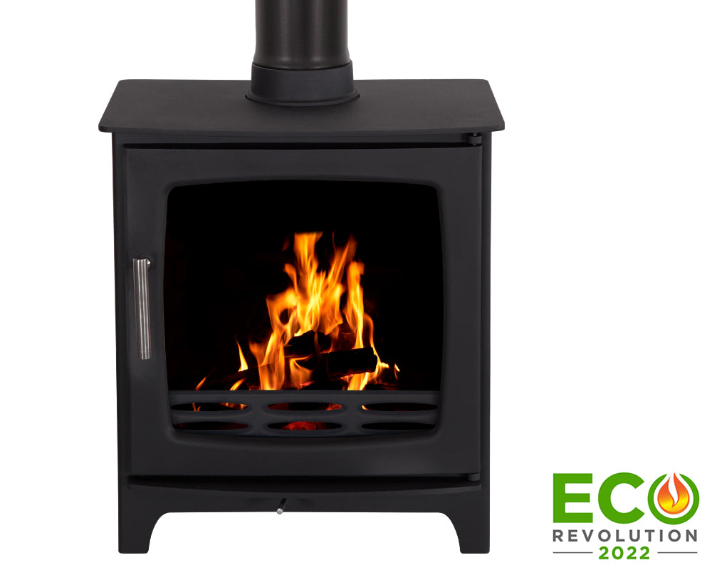 Carron ECO Revolution 5kW wood burning stove in matt black with the fire lit