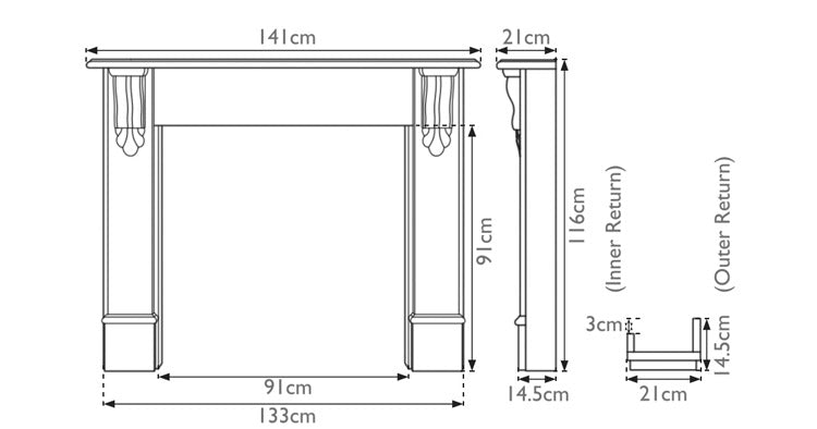 Carron Edinburgh Corbel wooden fire surround dimension drawing