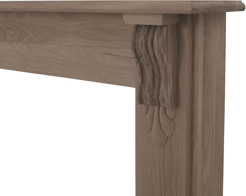 Carron Edinburgh Corbel wooden fire surround in unwaxed solid oak, shelf detail