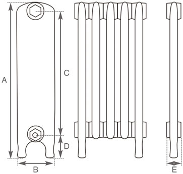Carron Eton cast iron radiator section drawing showing dimensions A to E