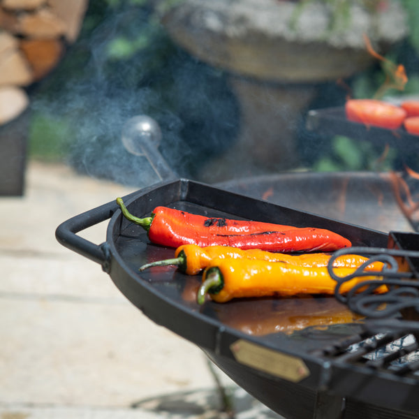 Close-up of a BBQ King 80 swing arm rack over the fire bowl