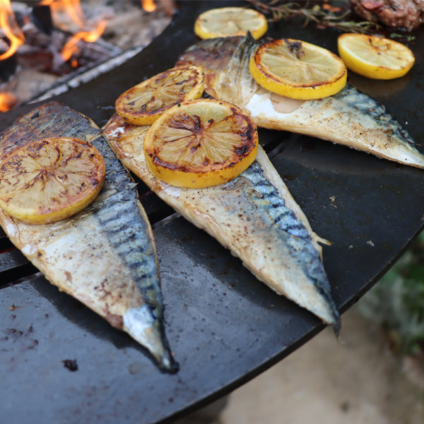 Fish cooking on the Plancha Fire Pit grill ring