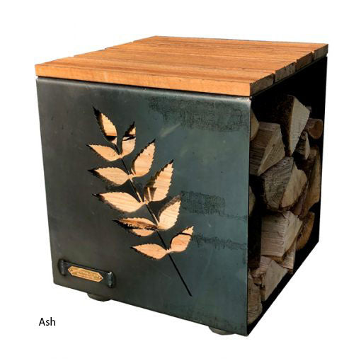 Log store seat with an ash leaf design