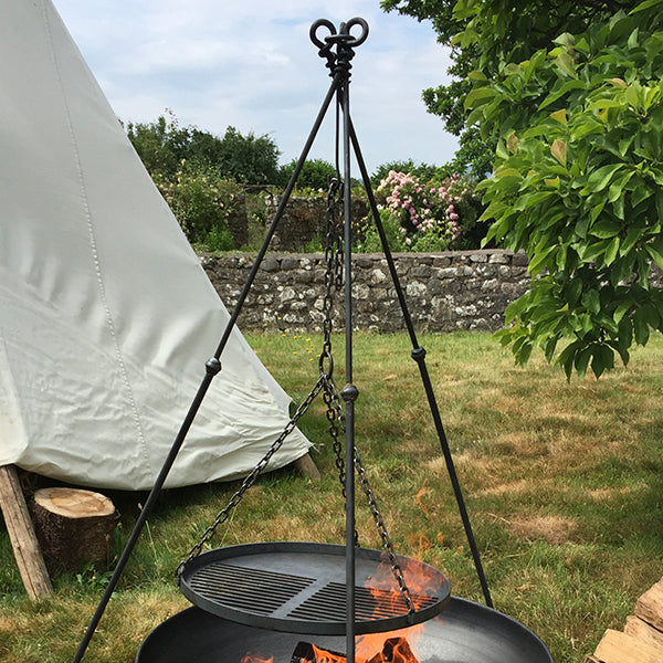 Long Leg tripod cooking rack at a campsite