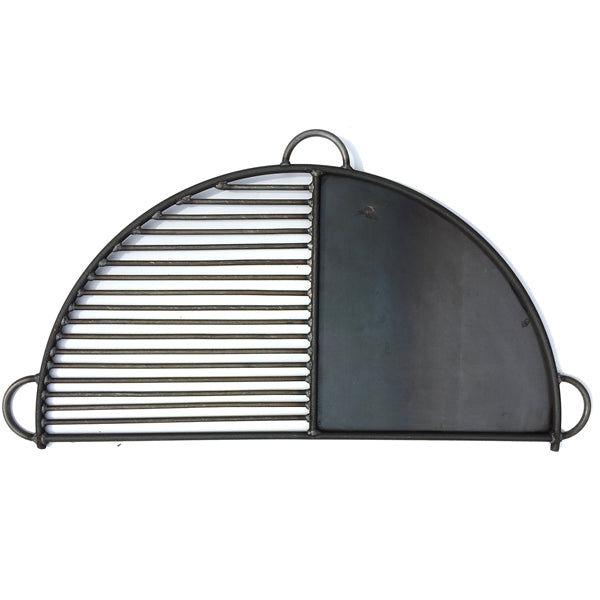 Firepits UK half moon BBQ rack with a solid plate half and a bar half