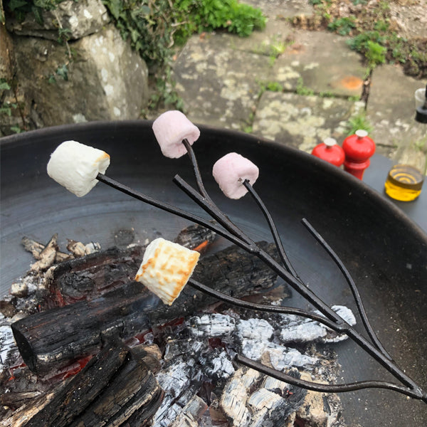 Toasting marshmallows on the fork over a lit fire pit