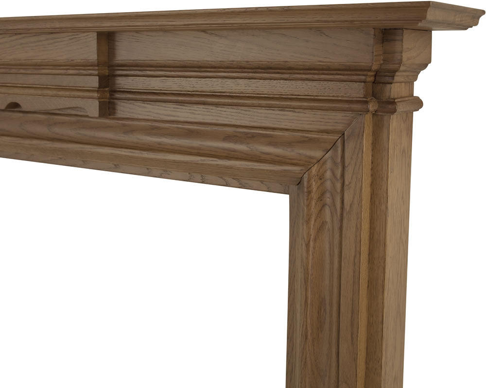 Carron Grand wooden fire surround in waxed solid oak, shelf detail