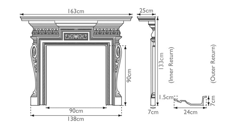 Carron Knightsbridge cast iron fire surround dimension drawing