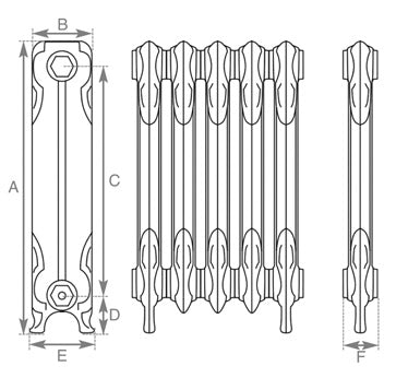 Carron Liberty 1 Column cast iron radiator section drawing showing dimensions A to F