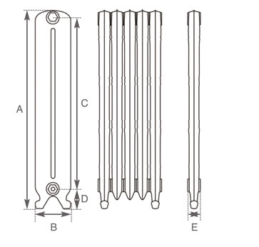 Carron Orleans cast iron radiator section drawing showing dimensions A to E