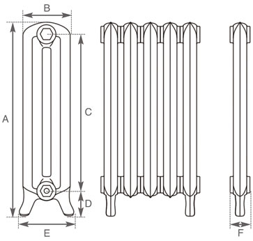 Carron Peerless cast iron radiator section drawing showing dimensions A to F