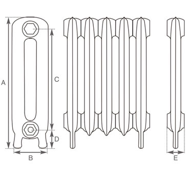 Carron Princess cast iron radiator section drawing showing dimensions A to E