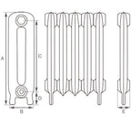 Carron Princess cast iron radiator section drawing showing dimensions A to E