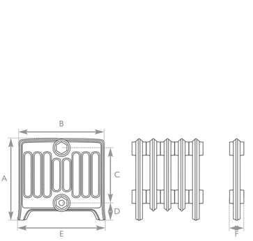 Carron Rathmell 9 Column Low Level cast iron radiator section drawing showing dimensions A to F
