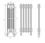 Carron Rathmell 4 Column cast iron radiator section drawing showing dimensions A to F