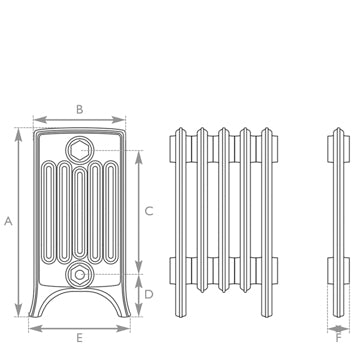 Carron Rathmell 6 Column cast iron radiator section drawing showing dimensions A to F