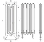 Carron Ribbon 4 Column cast iron radiator section drawing showing dimensions A to F